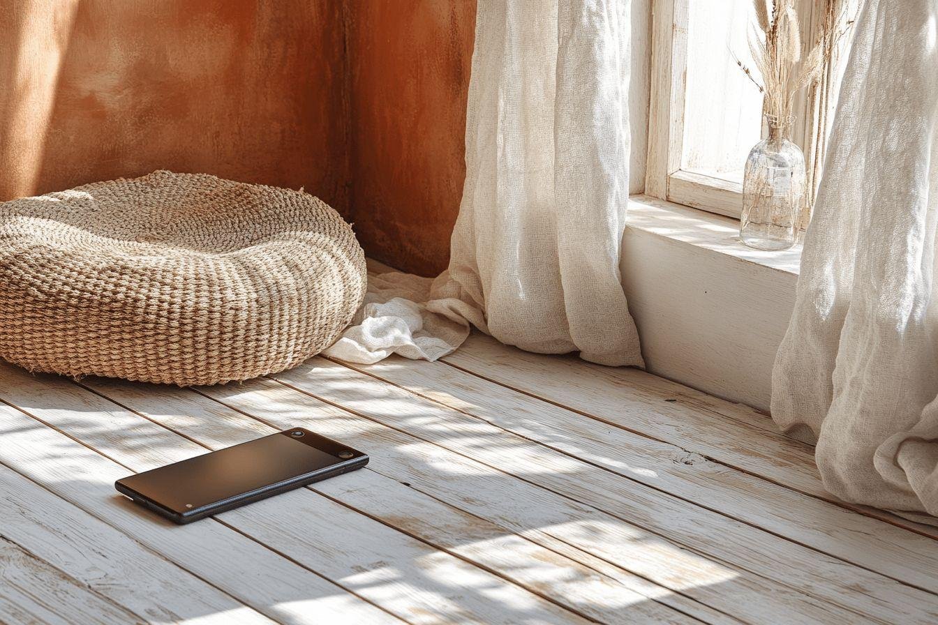 Tablette noire sur un plancher en bois près d'un rideau