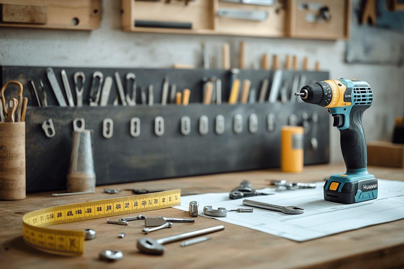 Perceuse sans fil, mètre ruban et divers outils sur établi