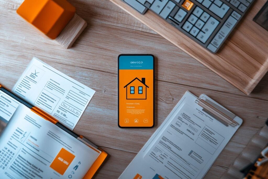 Smartphone, formulaires et clavier sur un bureau en bois clair