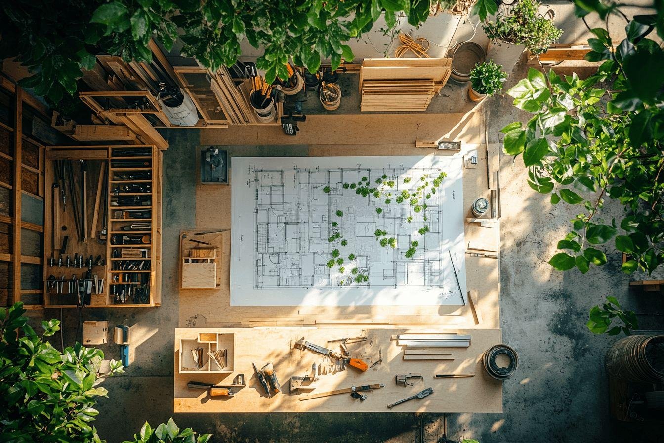 Plan architectural avec plantes, outils et établi en lumière naturelle