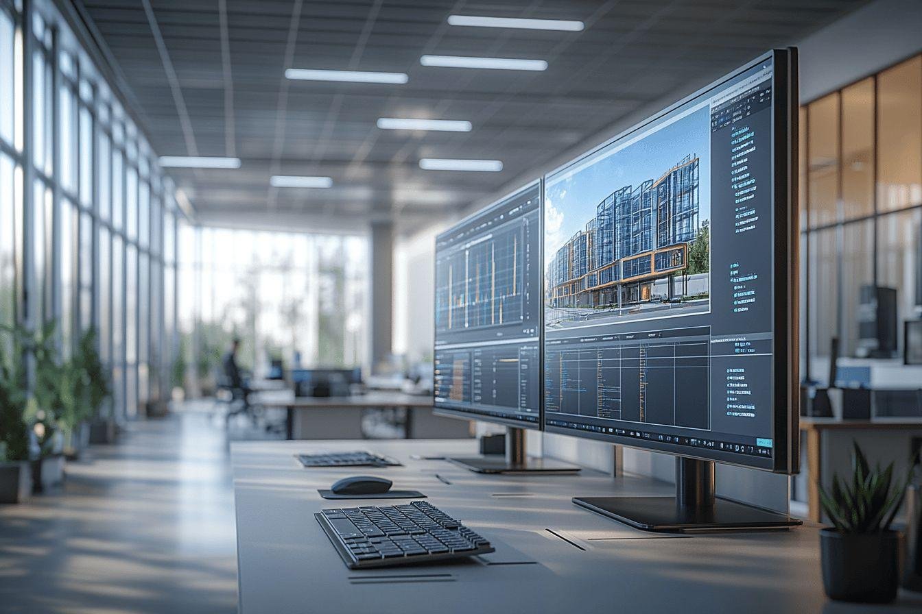 Écrans d'ordinateur montrant des plans et modèles architecturaux