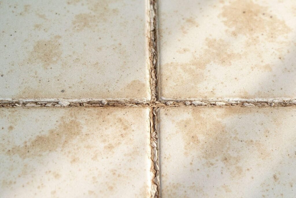 Gros plan sur des carreaux blancs avec joints ternis