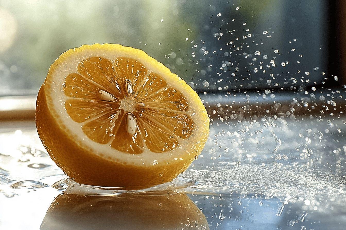 Moitié de citron jaune avec des éclaboussures d'eau