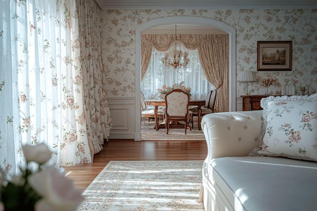 Salon romantique avec papier peint à fleurs et mobilier blanc