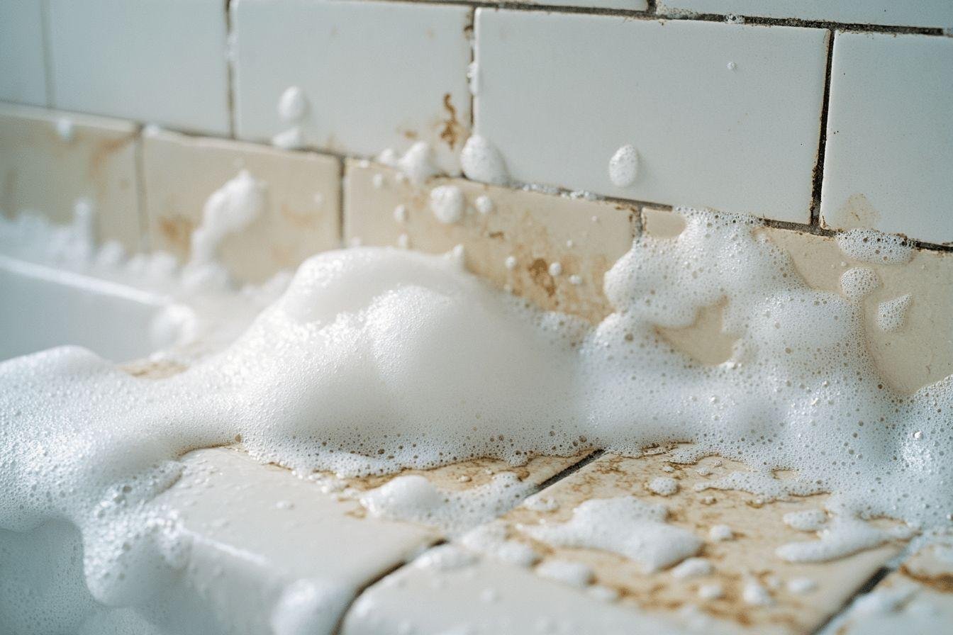 Gros plan sur écume blanche et carreaux tachés