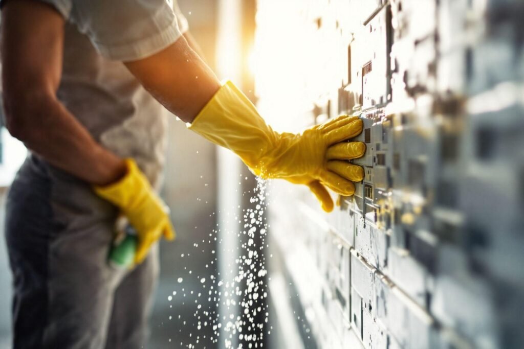 Main gantée jaune nettoyant une surface métallique avec un spray