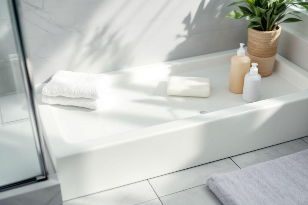 Comptoir de salle de bain blanc avec serviettes et plante