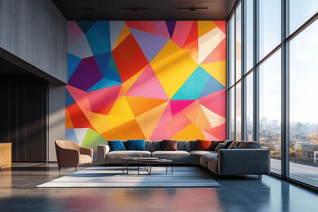 Mur multicolore avec canapé gris et vue sur ville