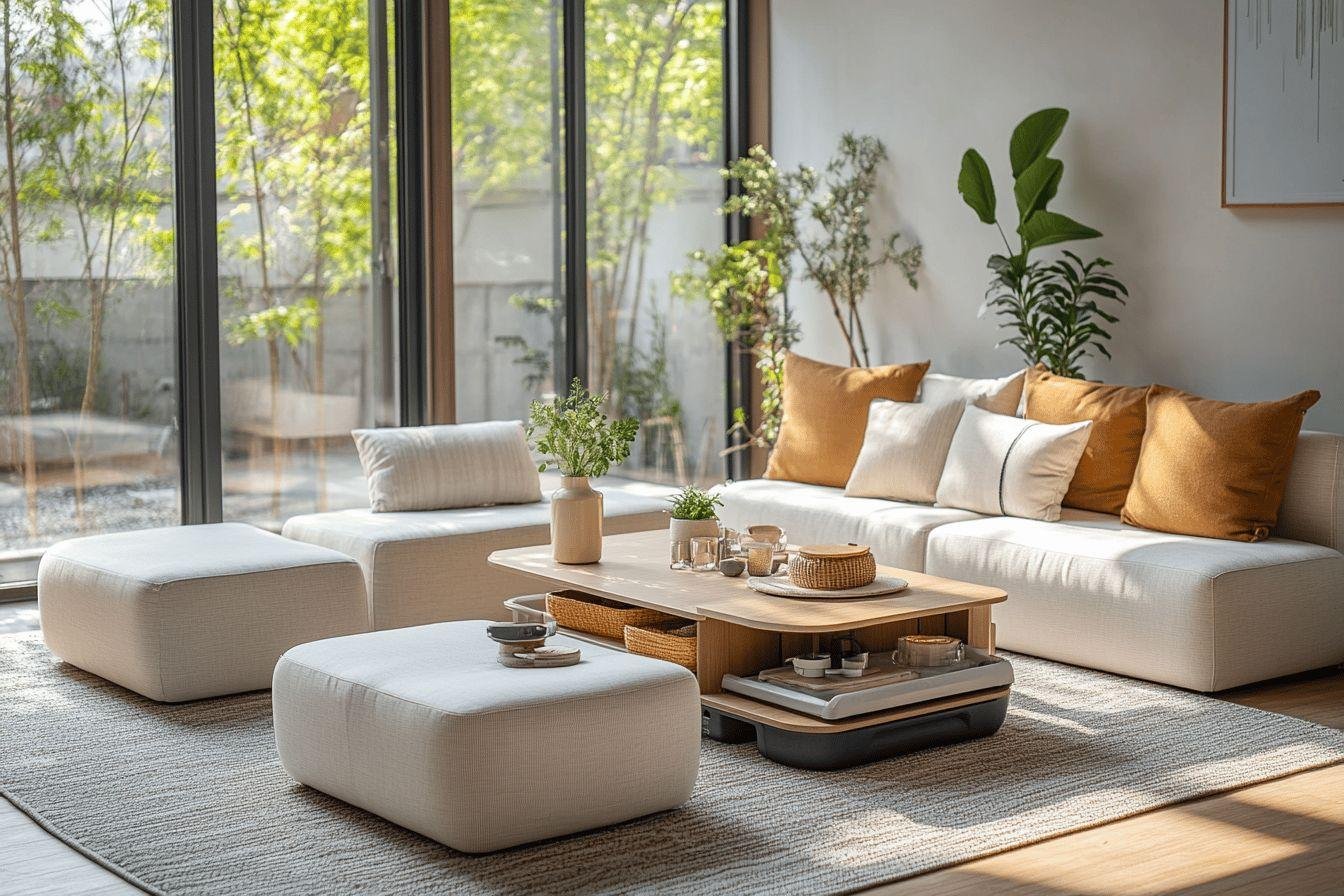 Canapé blanc et poufs avec fenêtres et plantes vertes