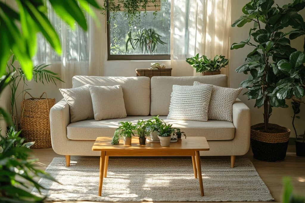 Canapé beige avec plantes et lumière naturelle
