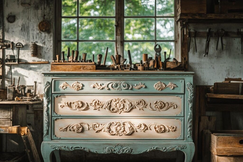 Commode ornementée bleue avec des outils de travail du bois