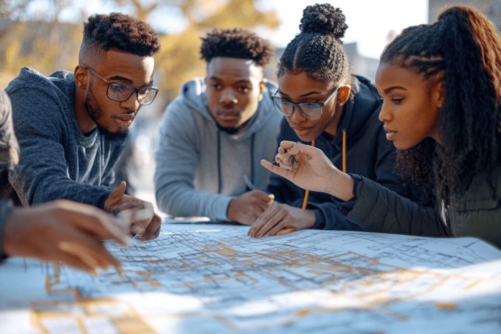 Groupe d'étudiants travaillant ensemble sur des plans