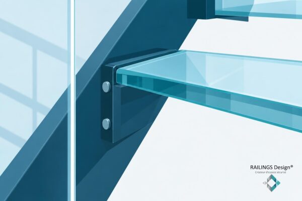 Étagère et rampe en verre bleu translucide formant une marche d’escalier moderne.